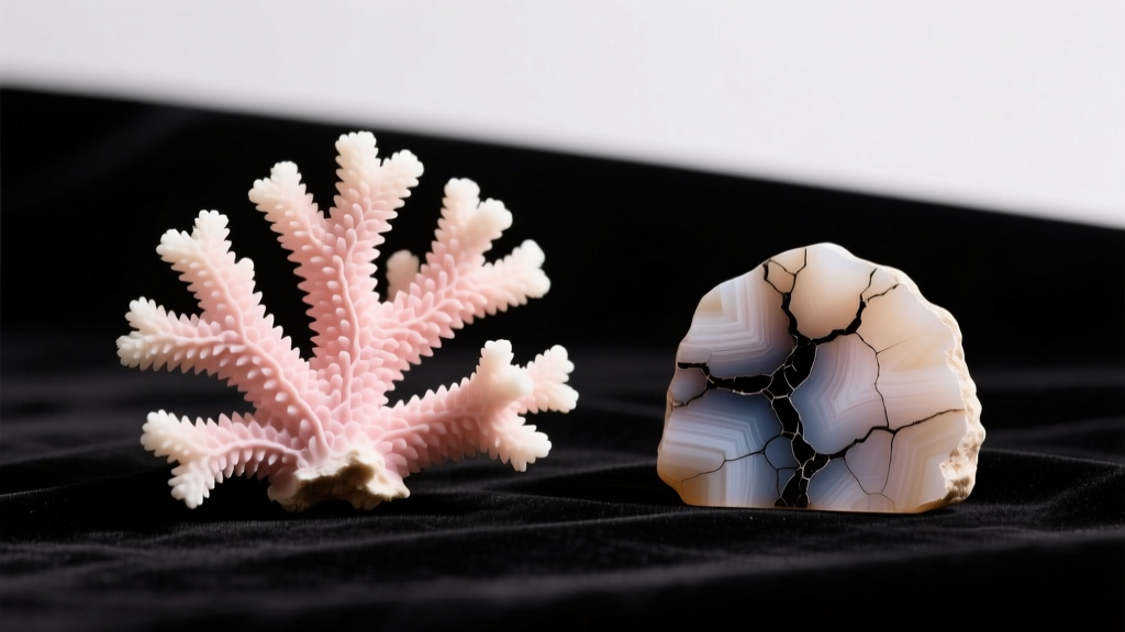 Macro view of genuine pale pink coral striations beside dyed howlite with dark cracks, both placed on a black velvet background.