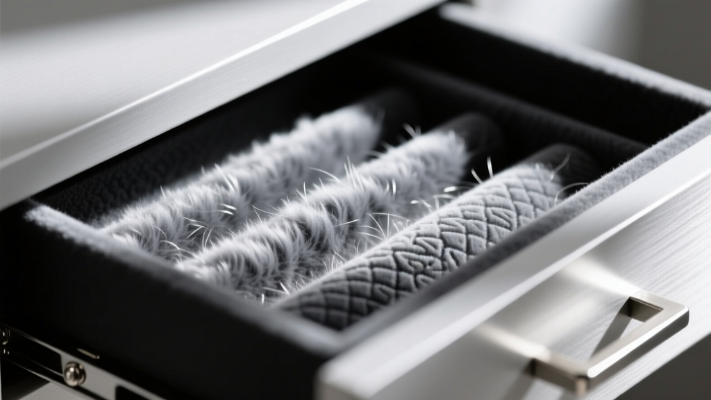 Macro shot of electrostatic velvet flocking and anti-tarnish flannel lining inside a dedicated silver jewelry storage drawer space.