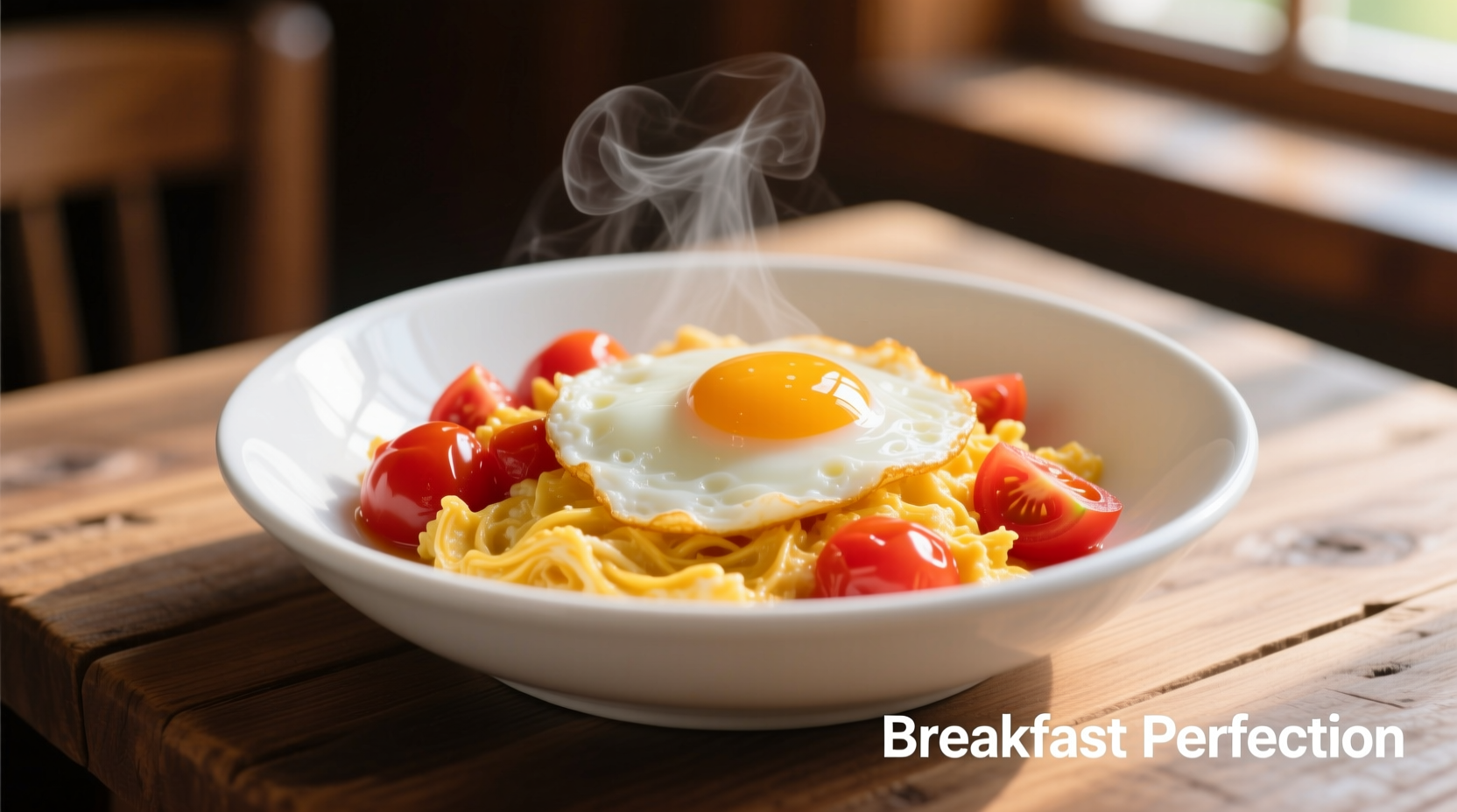 Perfectly cooked tomato and egg breakfast in white bowl