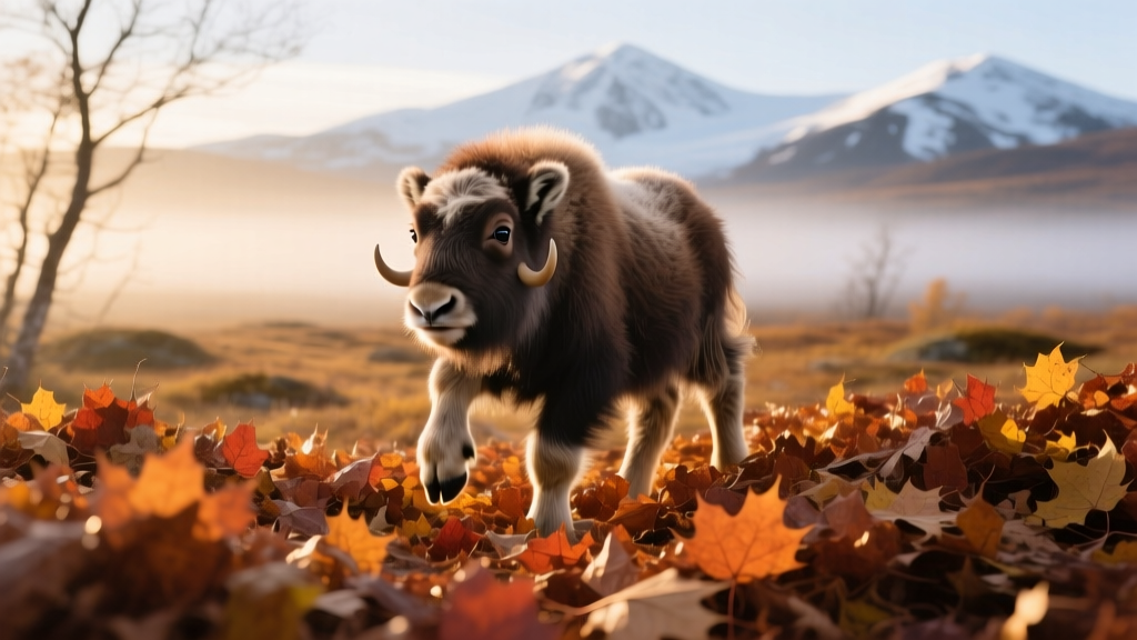 Muskox Calf's First Venture Into a Leaf Pile Is Full of Joy and Wonder