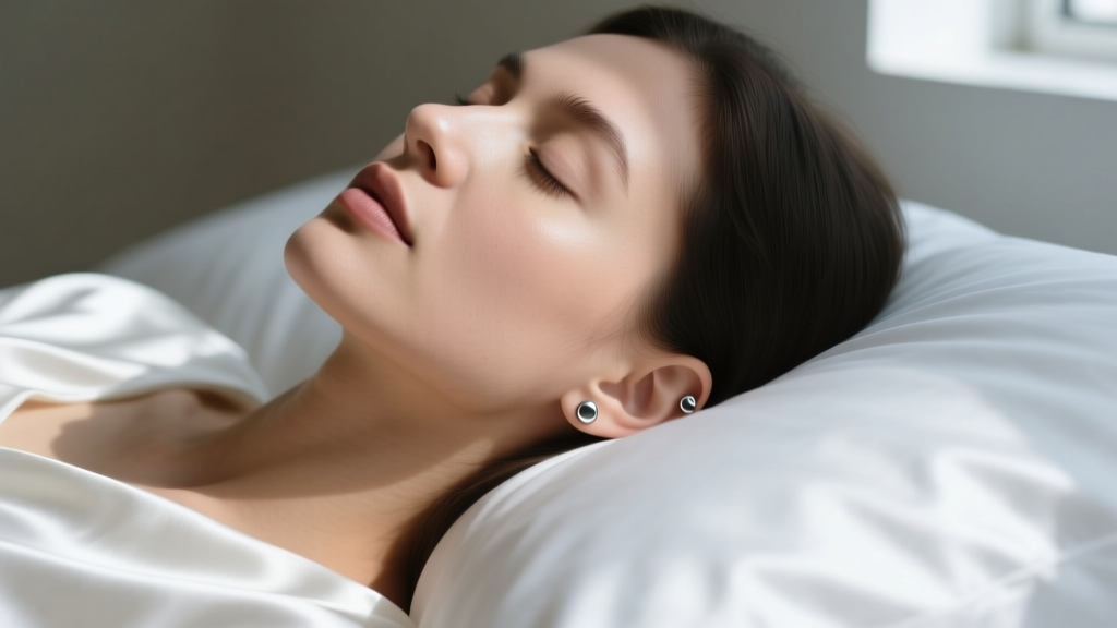 Close-up of a woman sleeping peacefully on a white silk pillowcase, wearing small titanium flat-back labret studs in her earlobes.