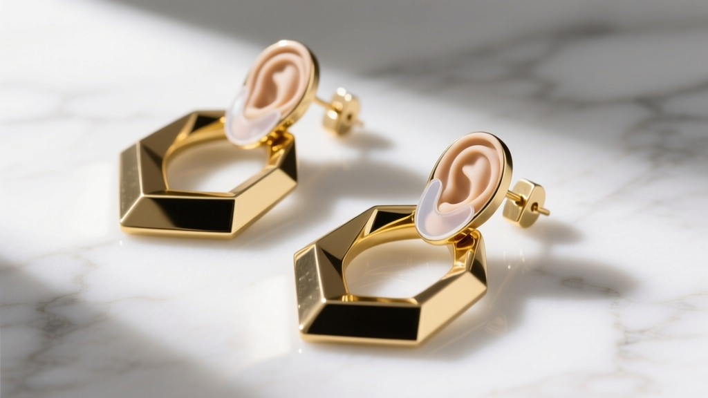 Flat lay of heavy brass statement earrings with wide-flange silicone backs and transparent ear support patches on white marble
