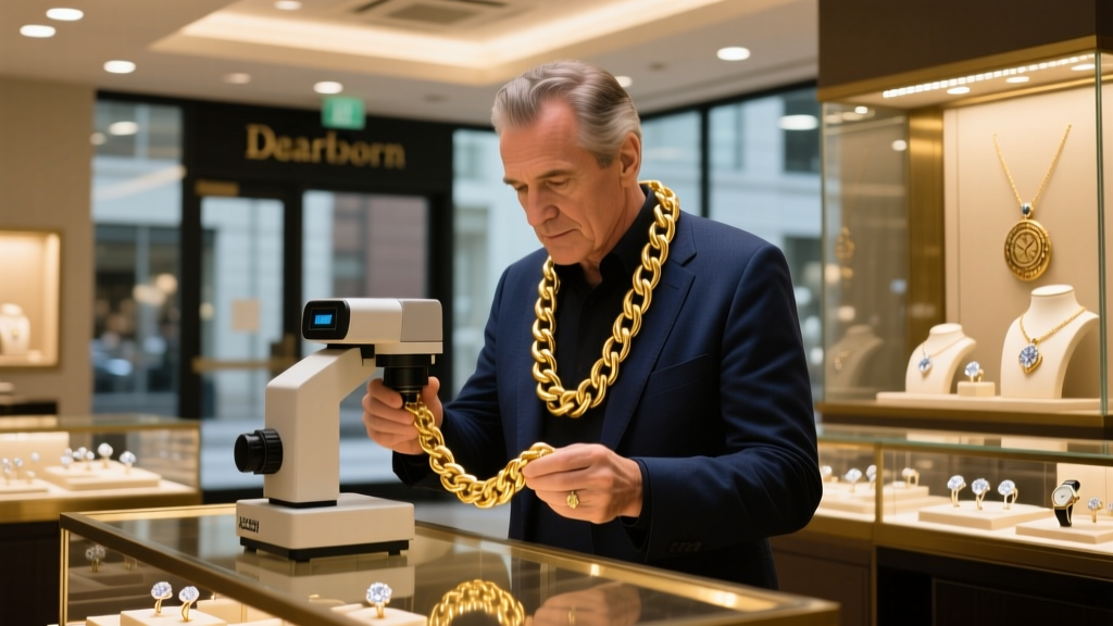 Jeweler using an XRF scanner to test a heavy 21k gold chain at a busy Dearborn jewelry counter under warm, focused lighting