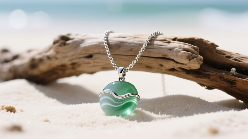 Close-up of ocean themed necklaces featuring a sea glass pendant on a silver mariner chain resting on white sand and driftwood