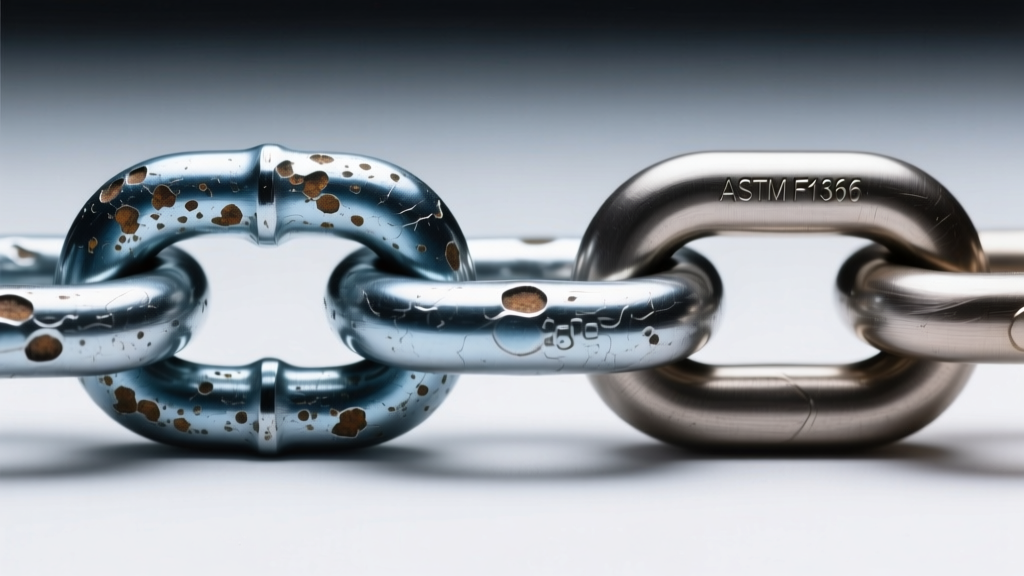 Macro shot of a pitted 316L steel chain link beside a polished ASTM F136 titanium link under harsh LED inspection lighting.