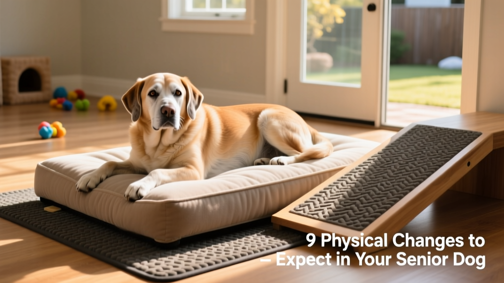 Senior dog comfortably resting on an orthopedic bed beside a ramp and nonslip rug