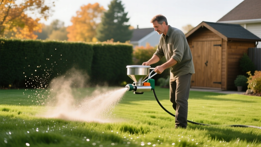 Homeowner applying milky spore powder to a green lawn using a drop spreader in early autumn