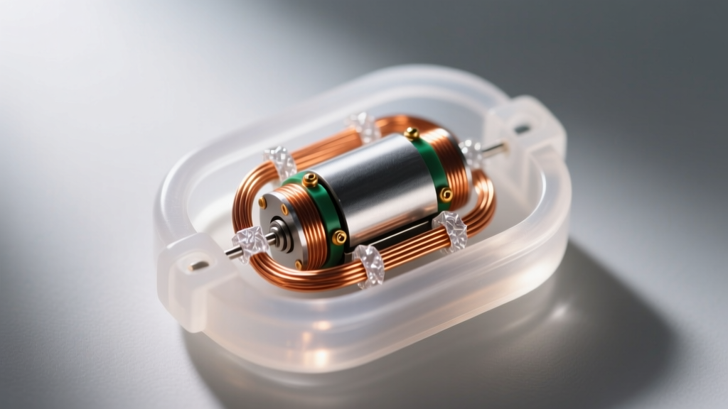 Macro shot of a linear resonant actuator micro-motor inside translucent silicone jewelry housing showing copper wiring and solder