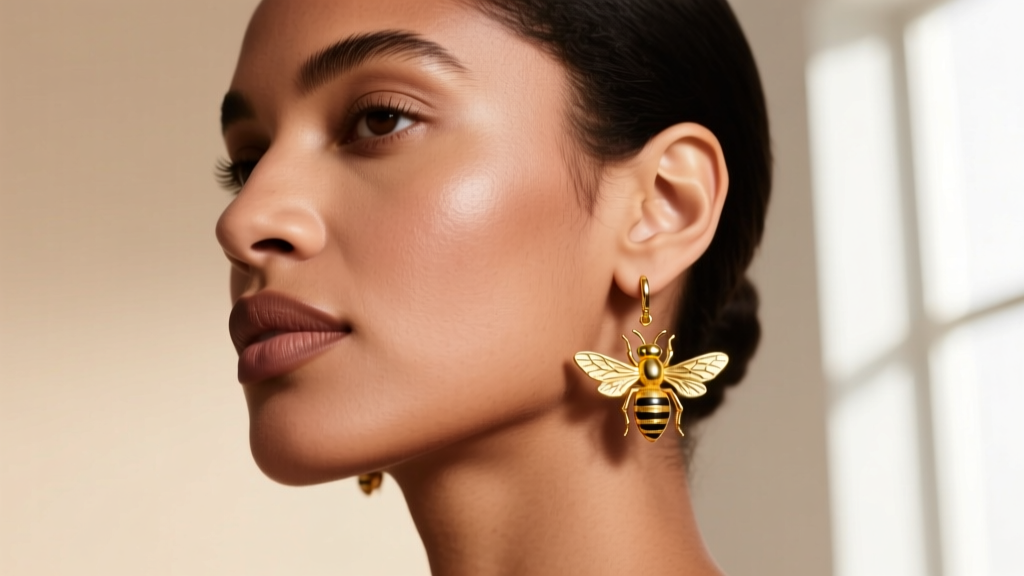 Woman wearing hypoallergenic 14k gold bee dangle earrings, soft natural light emphasizing her healthy, irritation-free earlobes