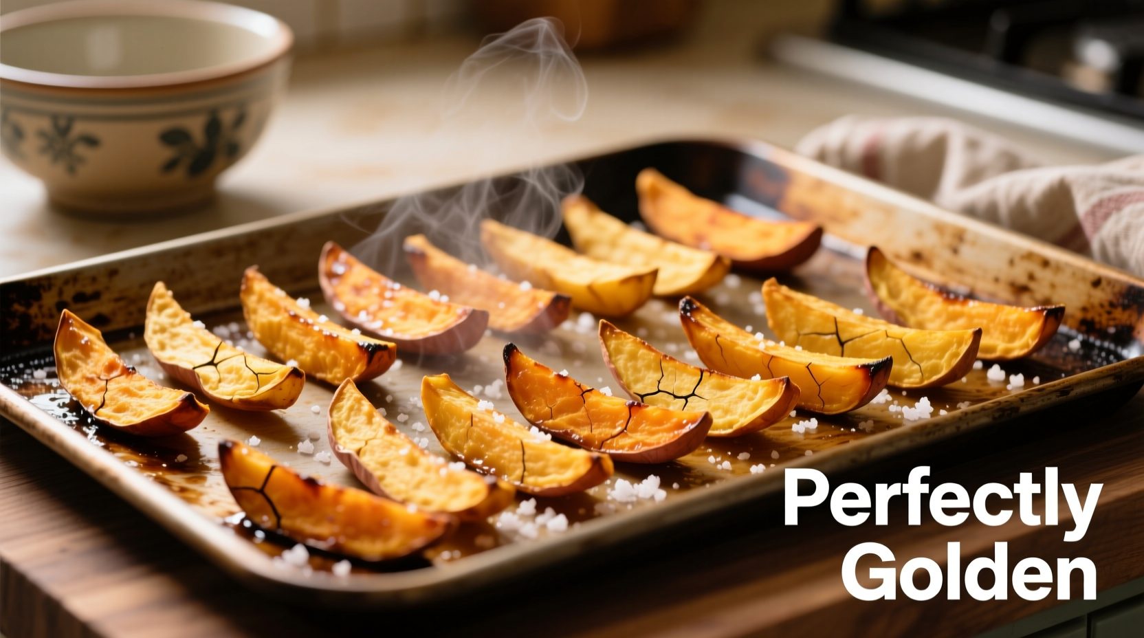 Perfectly golden sweet potato fries on baking sheet