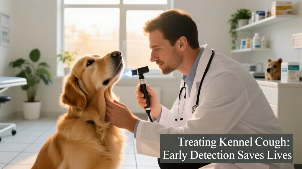 A veterinarian gently examining a dog’s throat during a wellness check, illustrating professional assessment for respiratory illness