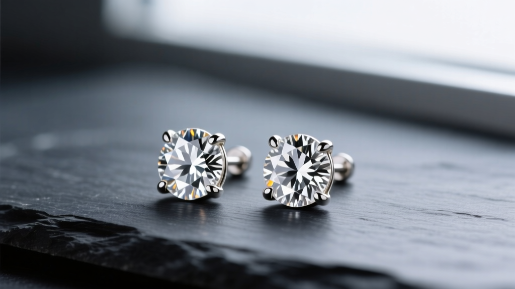 Close-up of 0.75 carat total weight natural diamond stud earrings in 14k white gold martini settings, resting on dark slate.