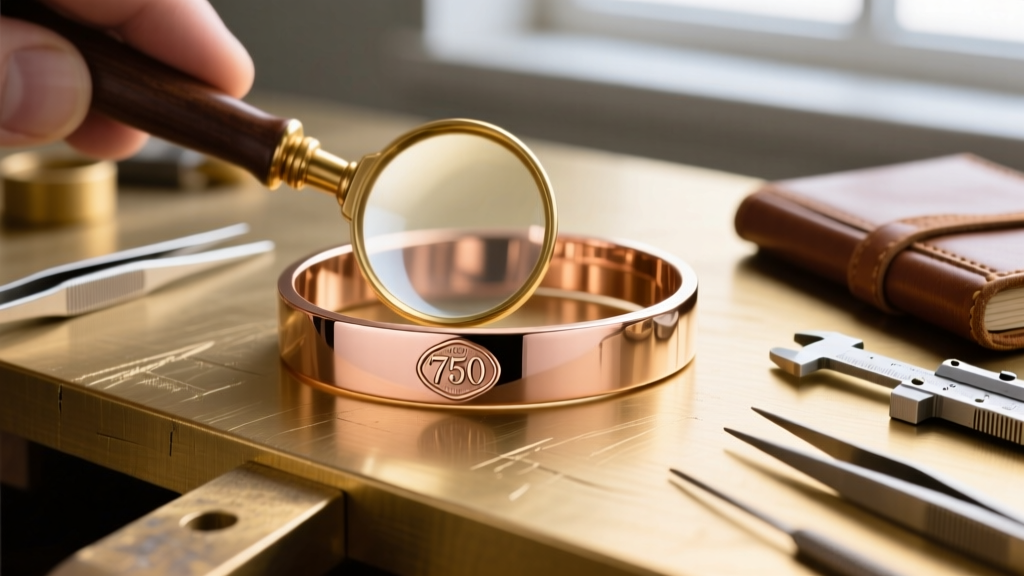 Loupe magnifying a 750 stamp and lozenge maker mark on a polished rose gold bracelet link on a goldsmith workbench