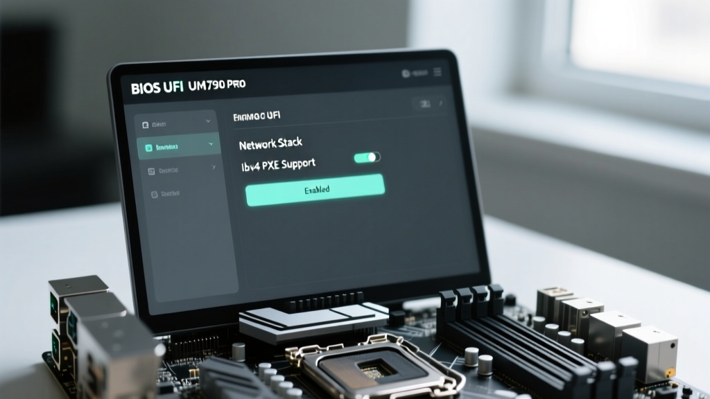 BIOS UEFI screen of a Minisforum UM790 Pro showing the Network Stack enabled and IPv4 PXE support toggled on for automated OS deployment.