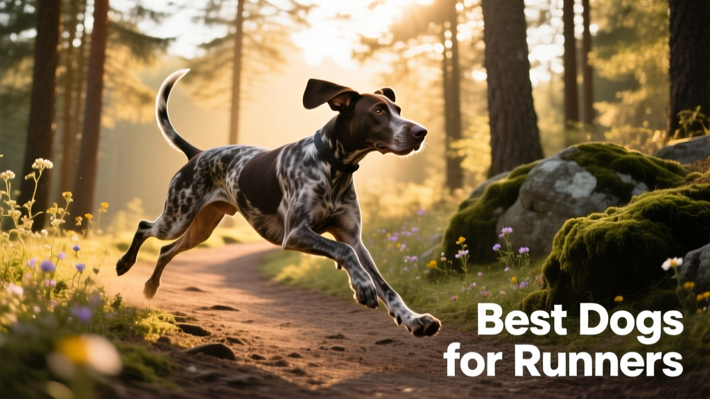 A German Shorthaired Pointer mid-stride on a sunlit trail, ears back and tail up, showing athleticism and focus