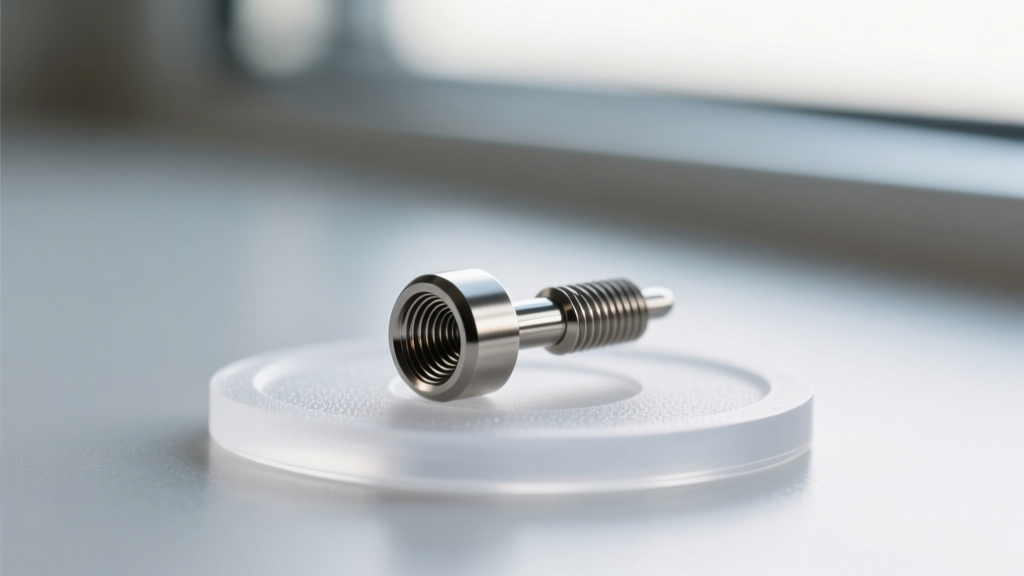 Macro photography of a 14-gauge internally threaded titanium flat-back labret resting on a clear silicone earring support pad.