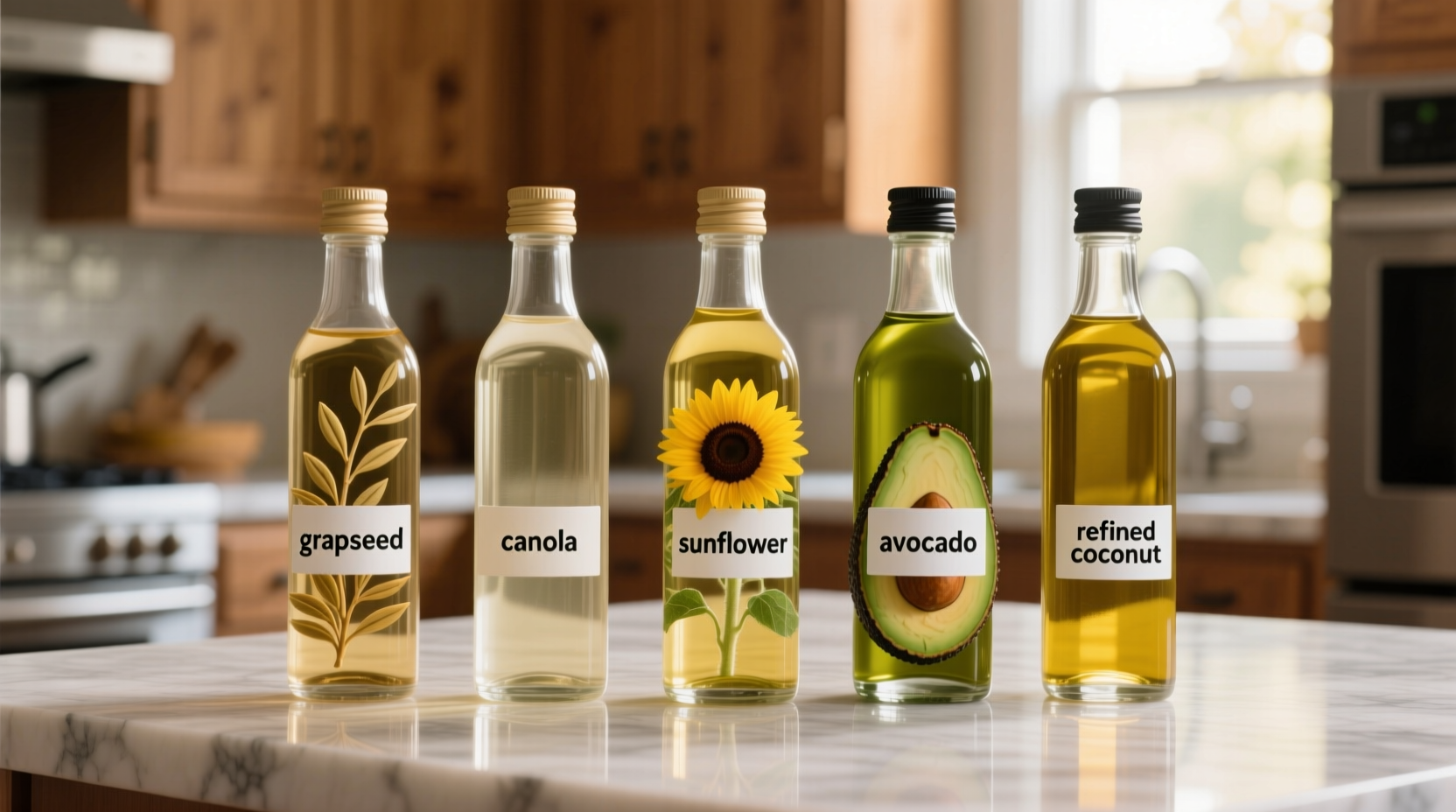 Comparison of neutral cooking oils in glass bottles