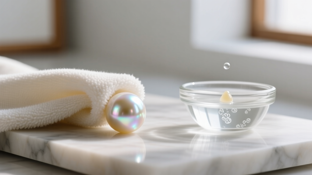 Soft microfiber cloth gently wiping a single faux pearl bead, beside a small glass bowl of distilled water and mild castile soap.