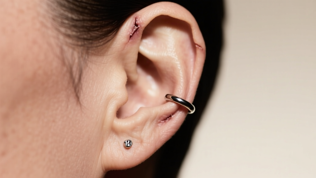 Side profile of a healed earlobe wearing an 18-gauge niobium seamless ring, showing proper fit and clearance in soft studio light.