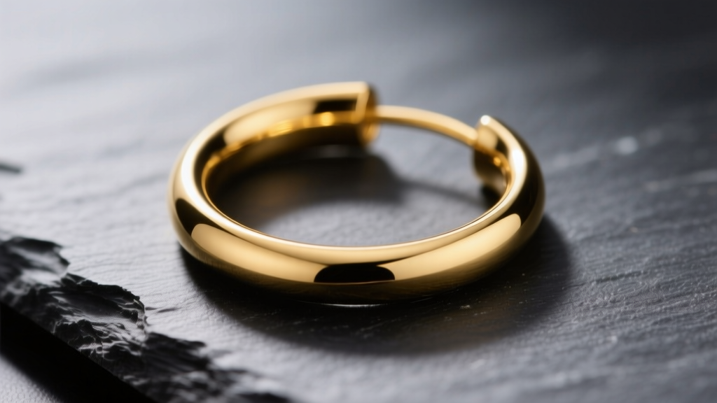 Macro photography of a 14k yellow gold continuous hoop earring with a 1.2mm wire thickness resting on dark slate with soft shadows