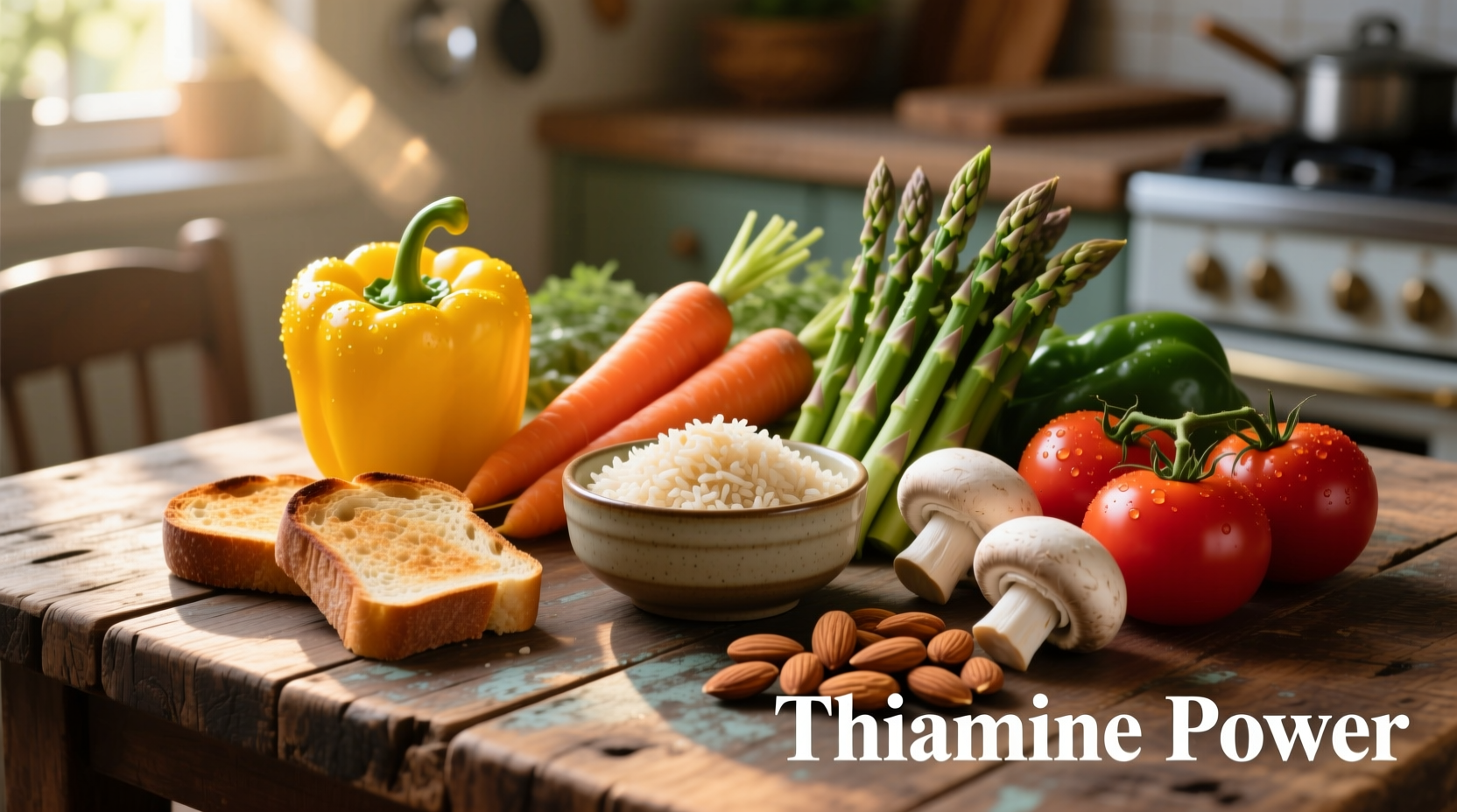 Colorful assortment of thiamine-rich foods on wooden table
