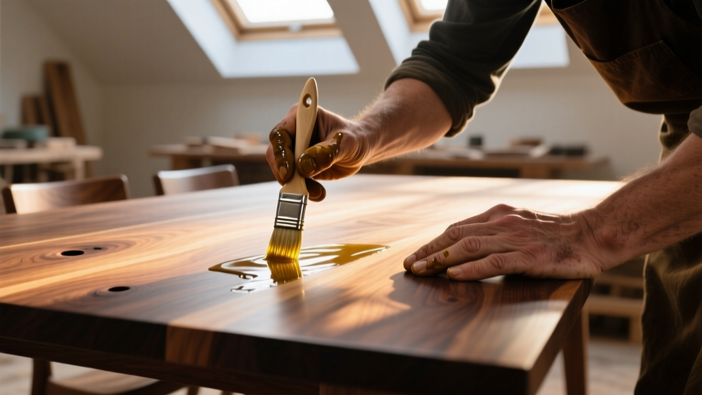 Close-up of a craftsman applying clear penetrating oil finish to a rich dark walnut dining table surface in a sunlit workshop