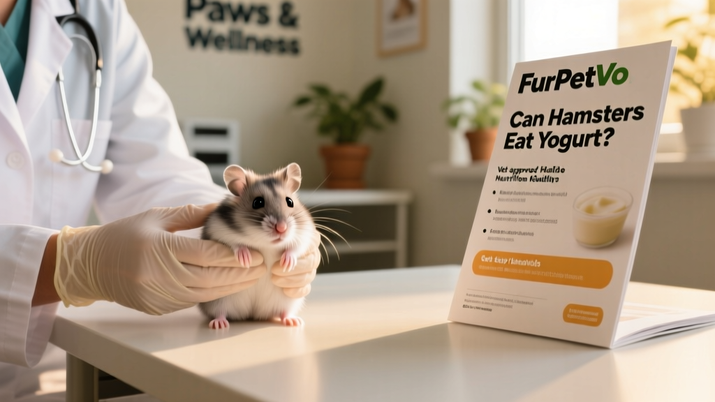 Veterinarian gently examining a dwarf hamster during a wellness checkup, with a FurPetVo nutrition guide visible on the exam table