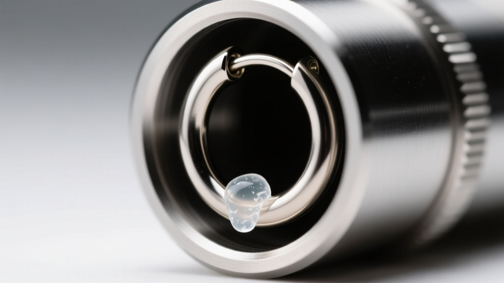 Macro view of a 16g titanium huggie post inside a receiving tube, showing tiny soap debris blocking the clicker closure.