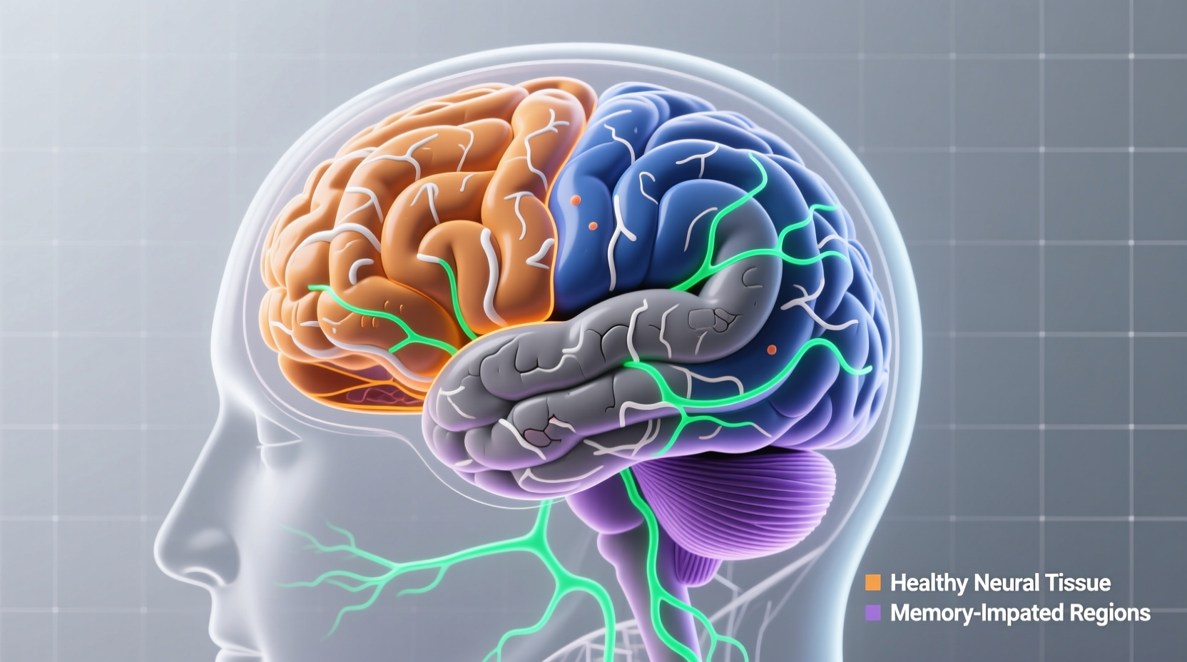 Brain scan showing healthy vs. memory-affected regions