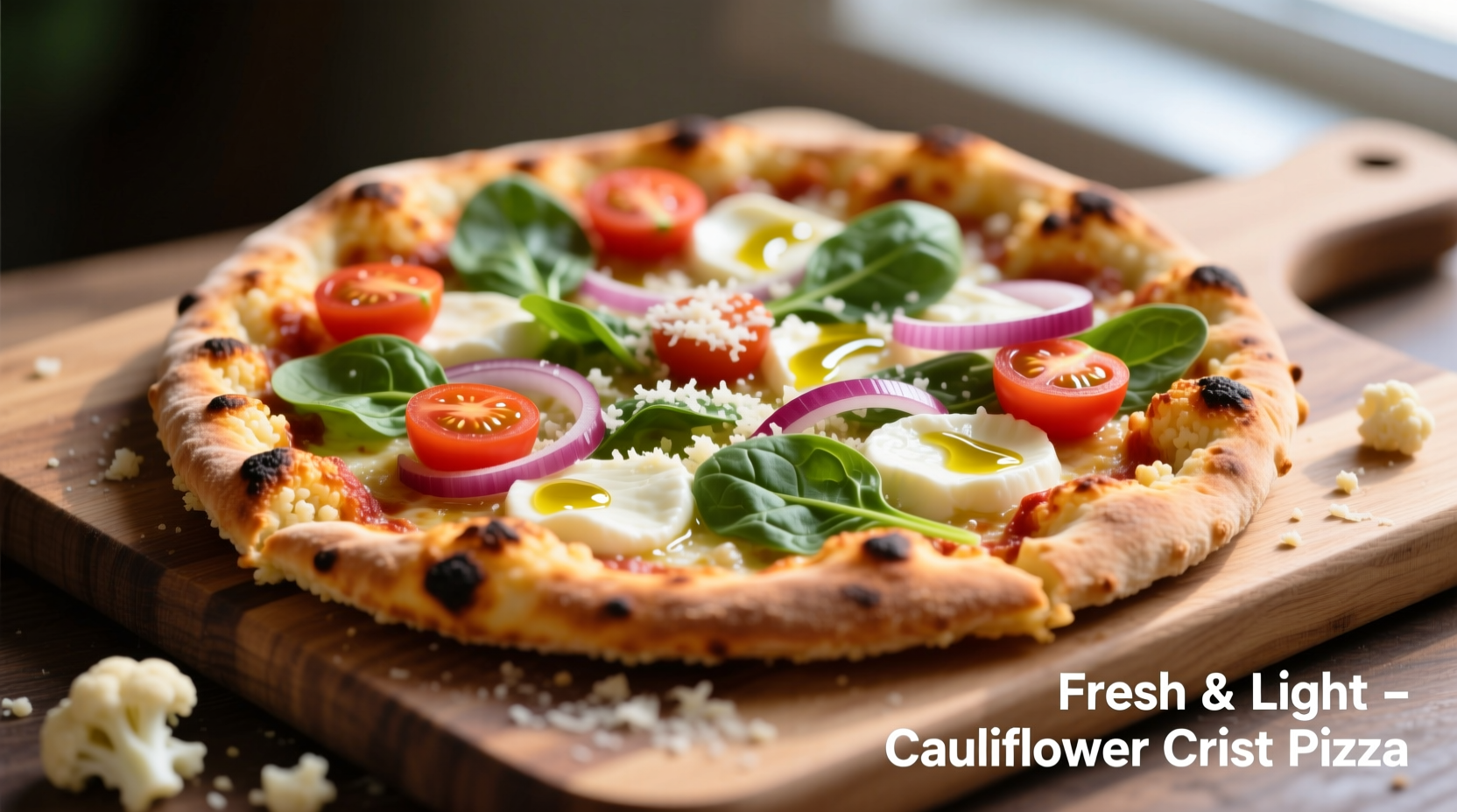 Cauliflower pizza crust with fresh toppings