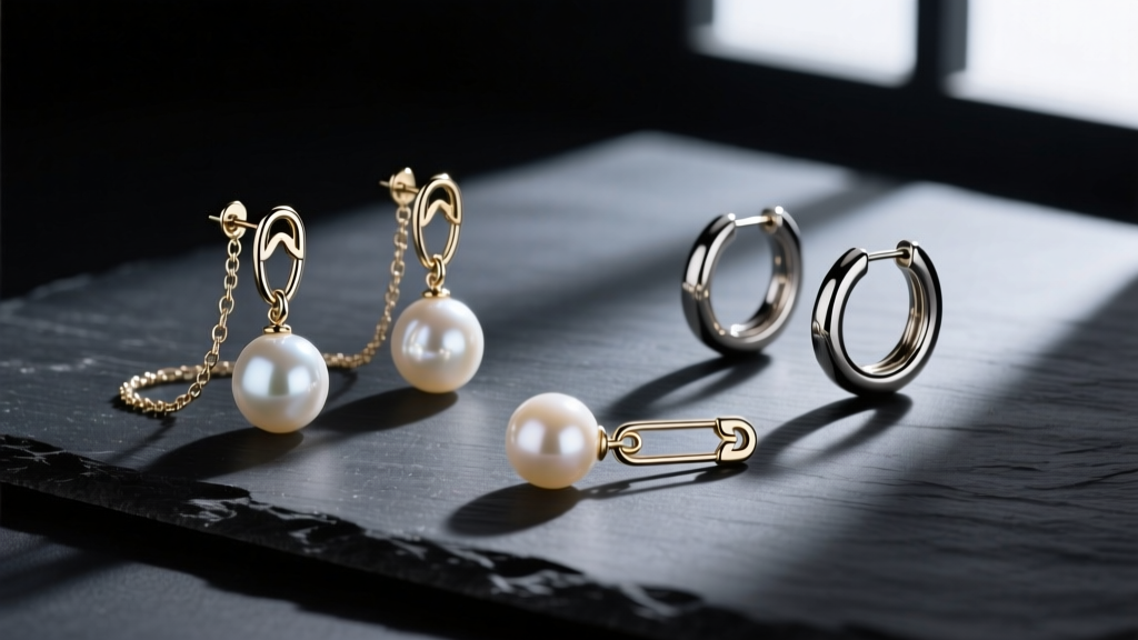 Flat lay of drop earrings with safety pin charms, baroque pearls, and titanium huggies on dark slate with dramatic side lighting
