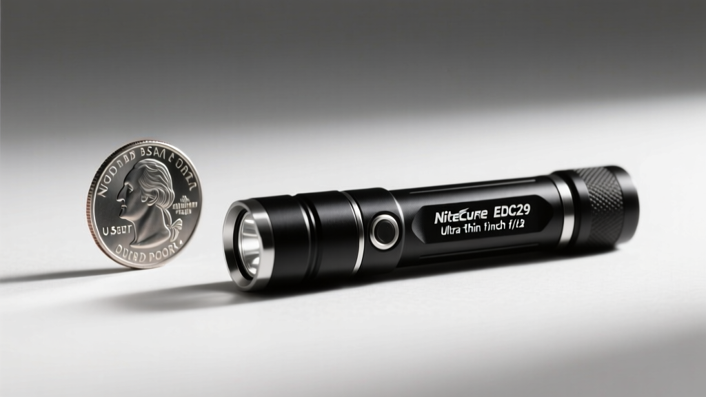 Side profile of Nitecore EDC29 ultra-thin flashlight next to a standard US quarter coin to demonstrate 0.51-inch thickness
