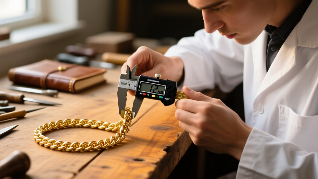 Jeweler using digital calipers to measure the millimeter width of a vintage 18k gold rope chain link on a wooden workbench