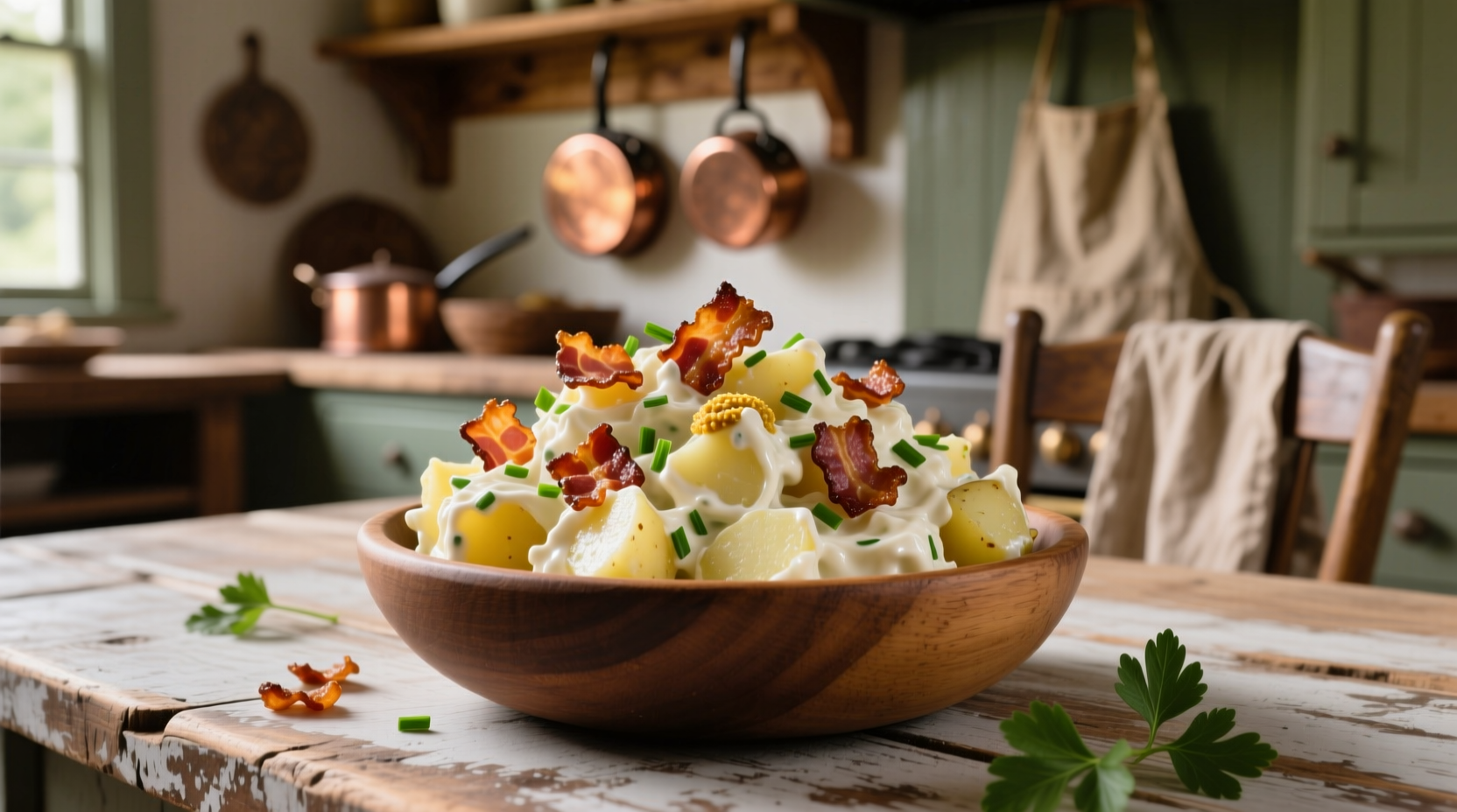 Creamy potato salad with crispy bacon pieces