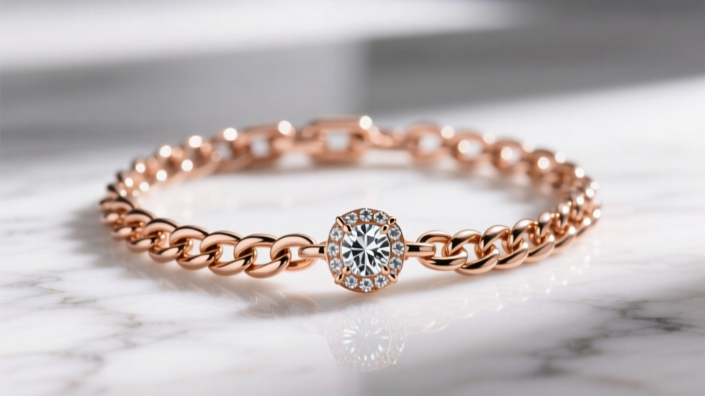 A 14k rose gold Cuban link chain threaded through the bail of a diamond-encrusted domino pendant, photographed on marble