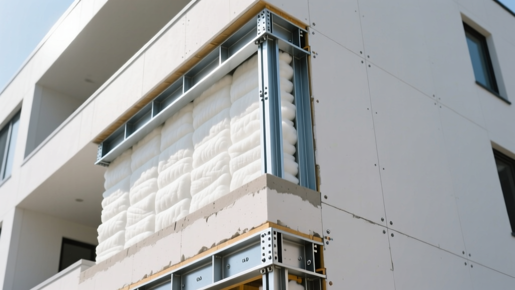 Cross-section of mid-rise wall showing 10-gauge load-bearing steel framing systems with rigid insulation and gypsum sheathing