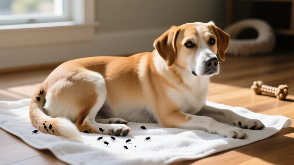 Dog lying on a clean white towel with visible black flea dirt specks near its tail