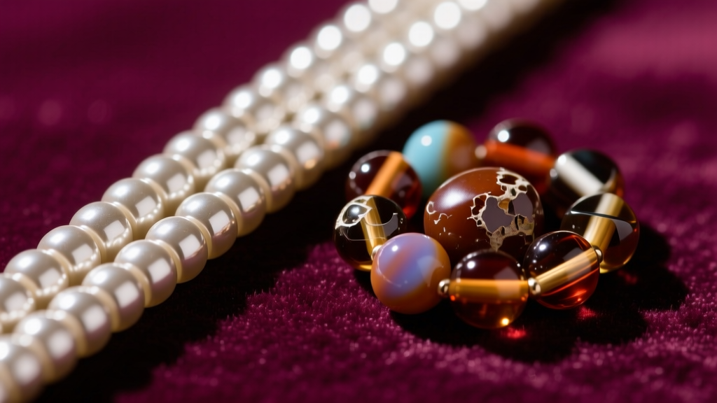 Macro close-up comparing uniform cylindrical Miyuki Delica beads next to irregular round Czech glass seed beads on velvet.