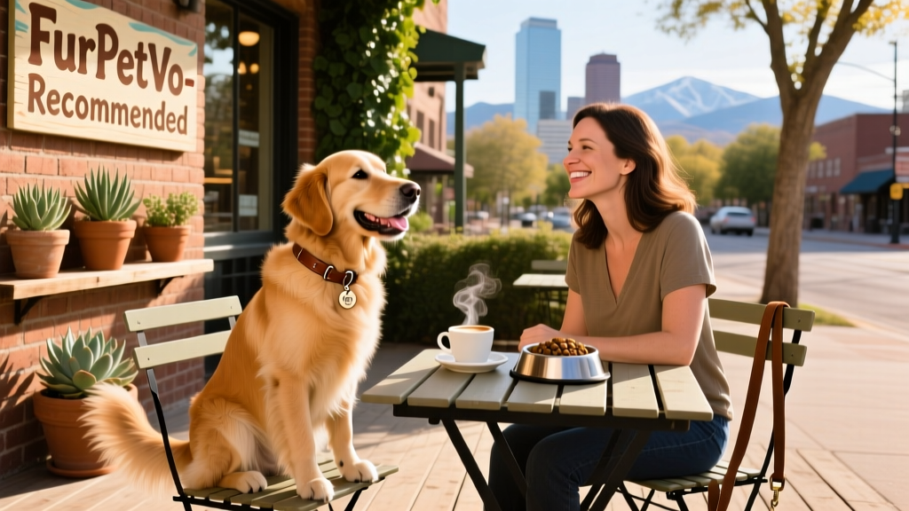 A happy dog sitting on a patio beside its owner at a FurPetVo-recommended restaurant