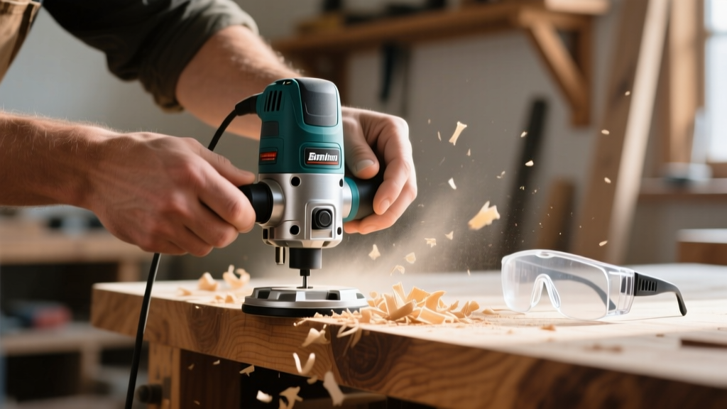 Close-up of hands adjusting a compact brushless router on a wooden edge, with wood shavings and safety glasses nearby.