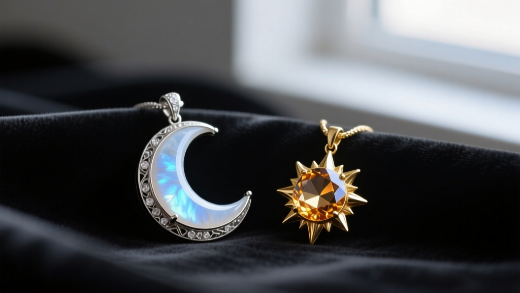 Glowing moonstone in a moon pendant and faceted sunstone in a sun pendant, resting on dark, softly blurred velvet fabric.