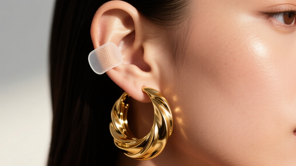 Macro shot of a woman wearing large textured gold statement hoops, showing a clear silicone earlobe support patch behind the lobe.