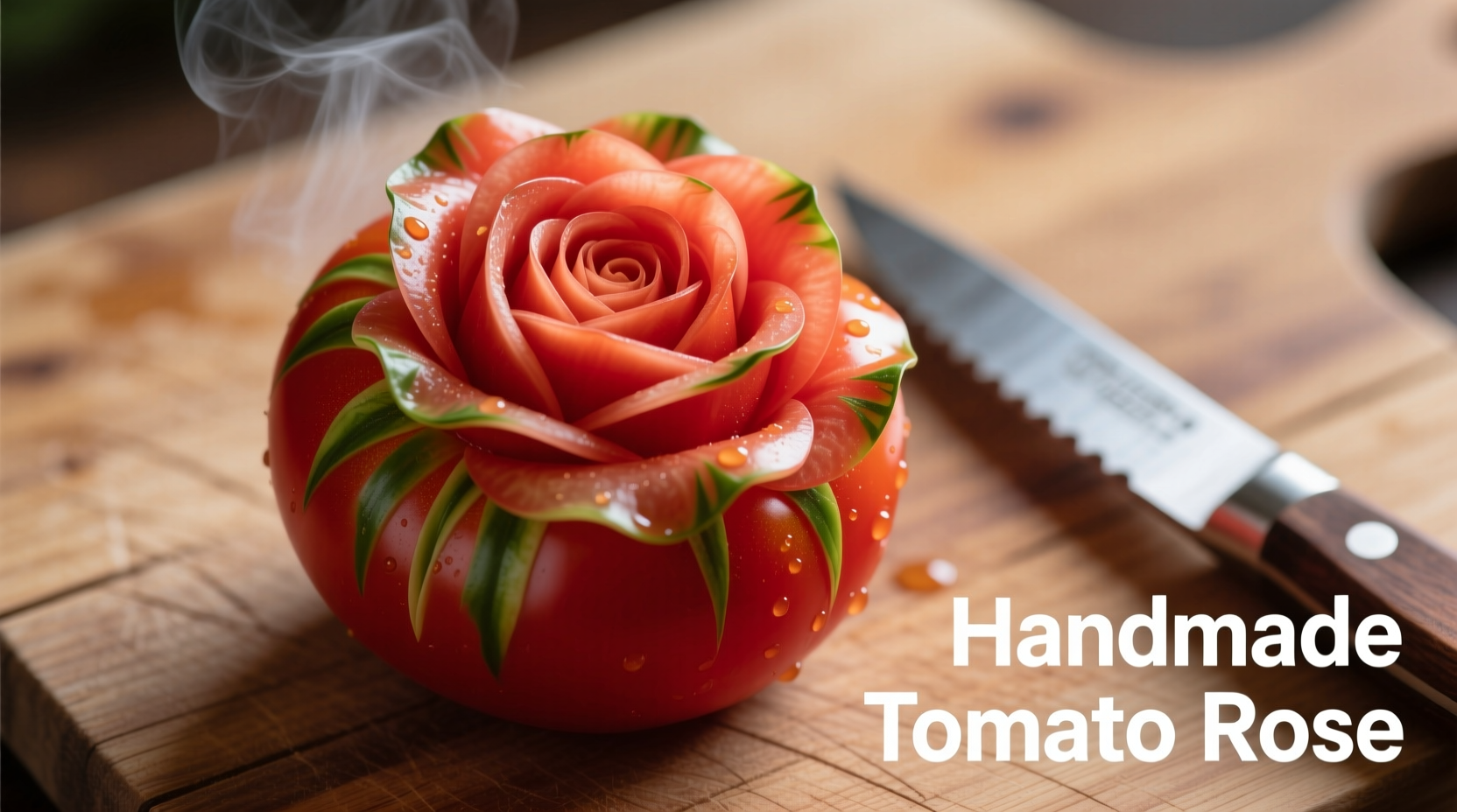 Hand creating tomato rose with paring knife