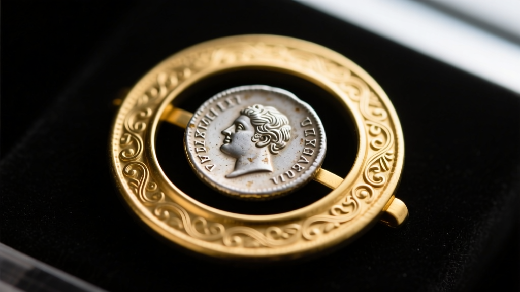 Macro shot of an 18k gold bezel mount holding an ancient Greek silver drachma coin without touching the delicate numismatic edges