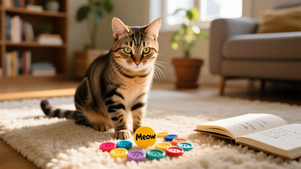 A relaxed cat sitting beside a small cluster of colorful buttons on a cozy rug, looking thoughtfully at one button