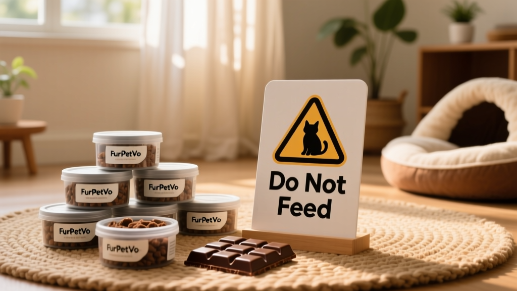 A selection of safe, FurPetVo-branded cat treats displayed beside a 'do not feed' sign over a chocolate bar