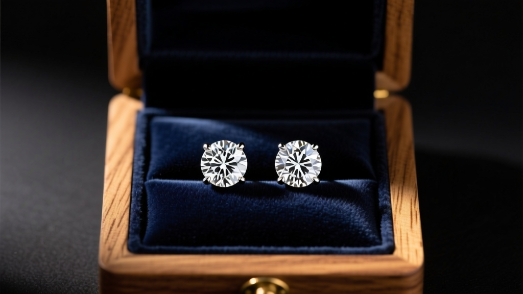 925 sterling silver stud earrings with round lab diamonds in a dark velvet box on wood, lit by soft warm lighting.