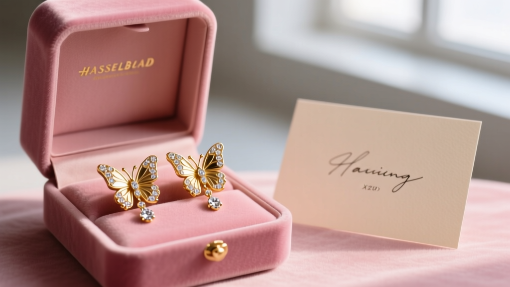 Open gift box holding gold butterfly drop earrings with pavé crystals, resting on pink velvet next to a handwritten greeting card.