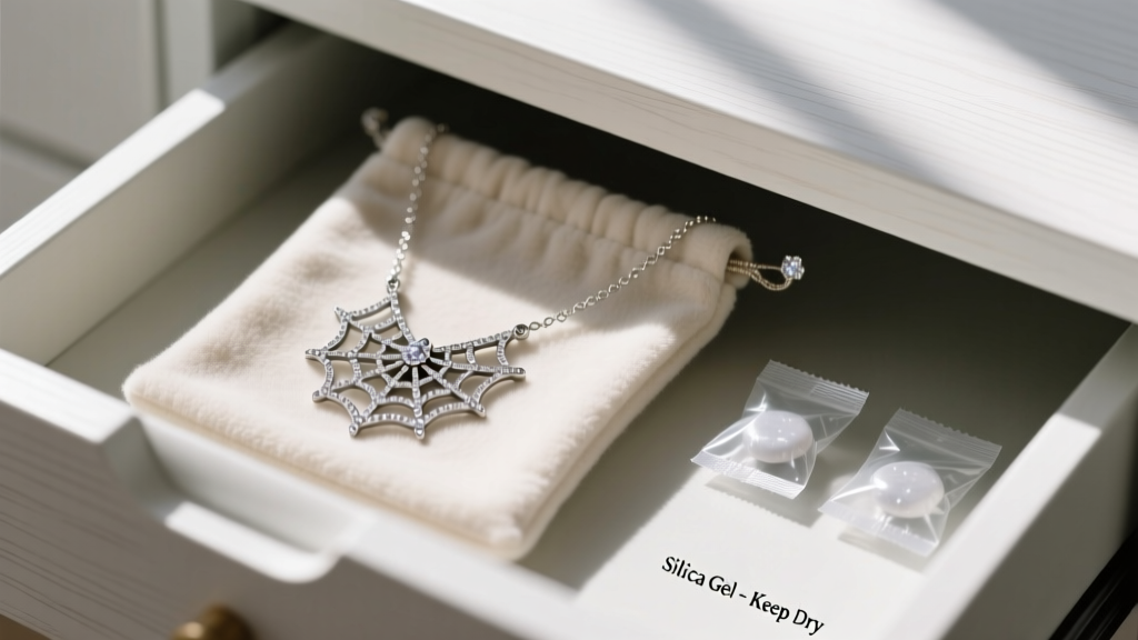 Jewelry drawer showing a spider web necklace laid flat inside an anti-tarnish flannel pouch next to silica gel packets.
