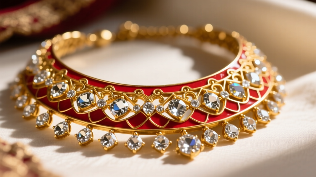 Macro shot of a traditional Jadau necklace showing uncut Polki diamonds set in 22k gold foil with red enamel meenakari backing